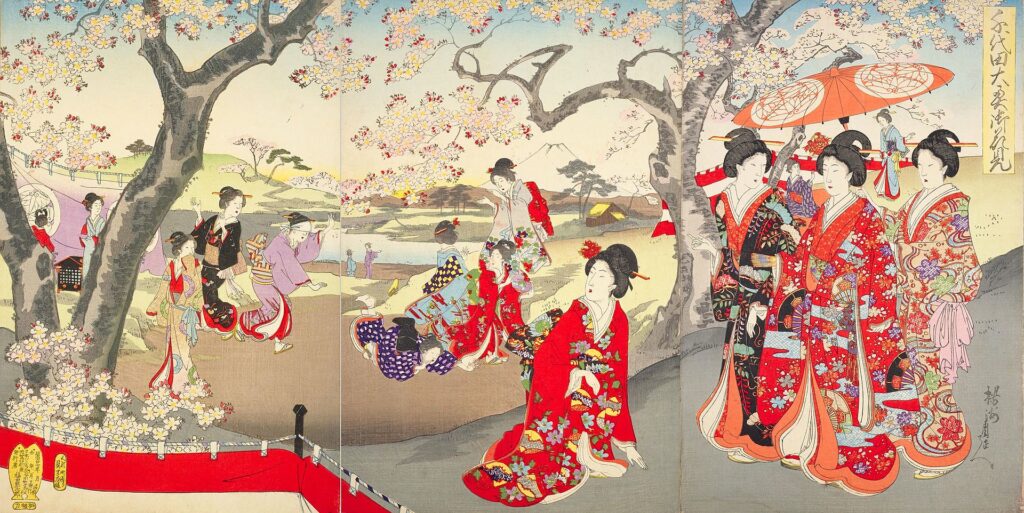 Ladies in the Edo palace enjoying cherry blossoms, hanami, Toyohara Chikanobu (1894)