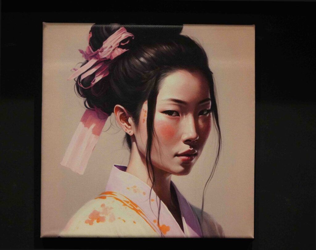 "Oriental(istic) Beauty(standards" (2023) van Martine Mussies, een van de werken die te zien zijn op de tentoonstelling in de Neude bibliotheek. Japan Fans, Japanse Kunst & Cultuur uit het Centrum van Utrecht. Voor vriendschap & inspiratie.
